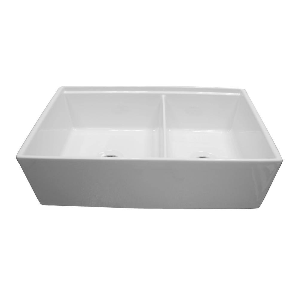 Barclay Products Maxwel White Fireclay 33 in. Double Bowl Farmhouse Apron Kitchen Sink with Accessory Ledge FSDB33AC-WH