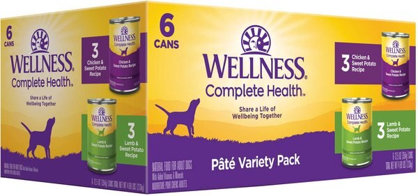 Wellness Complete Health Pate Variety Pack Wet Dog Food， 12.5-oz case of 6