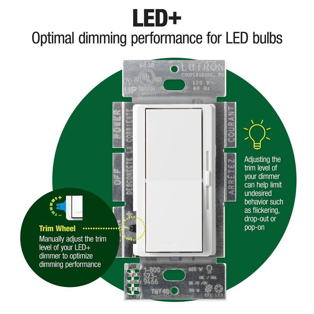 Lutron Diva LED+ Dimmer Switch for Dimmable LED and Incandescent Bulbs 150-WattSingle-Pole or 3-Way White (DVCL-153PR-WH) DVCL-153PR-WH