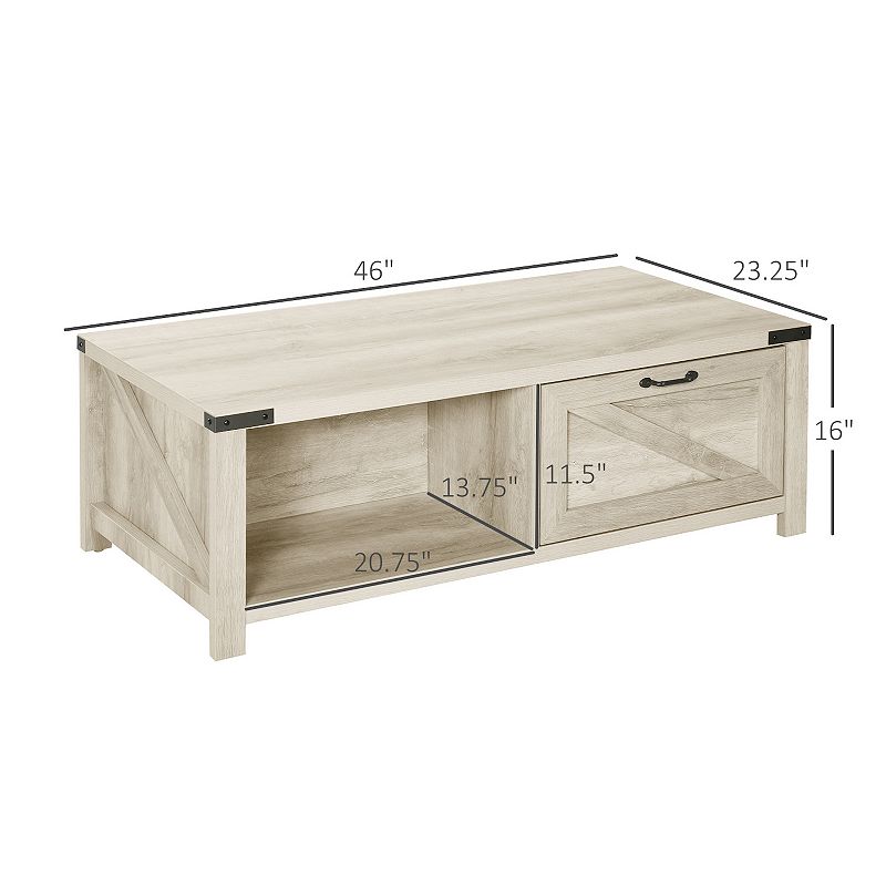 HOMCOM Farmhouse Coffee Table with Drawer and Storage Open Shelf for Living Room White Oak