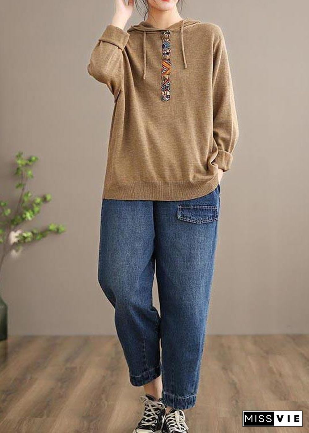 Handmade Spring Casual Pants Oversize Denim Blue-Rose Photography Elastic Waist Trousers