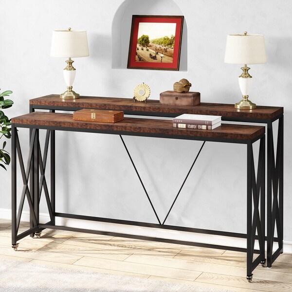 Industrial Sofa Table Set of 2， Narrow Long Sofa Console Tables with Wheels for Entryway