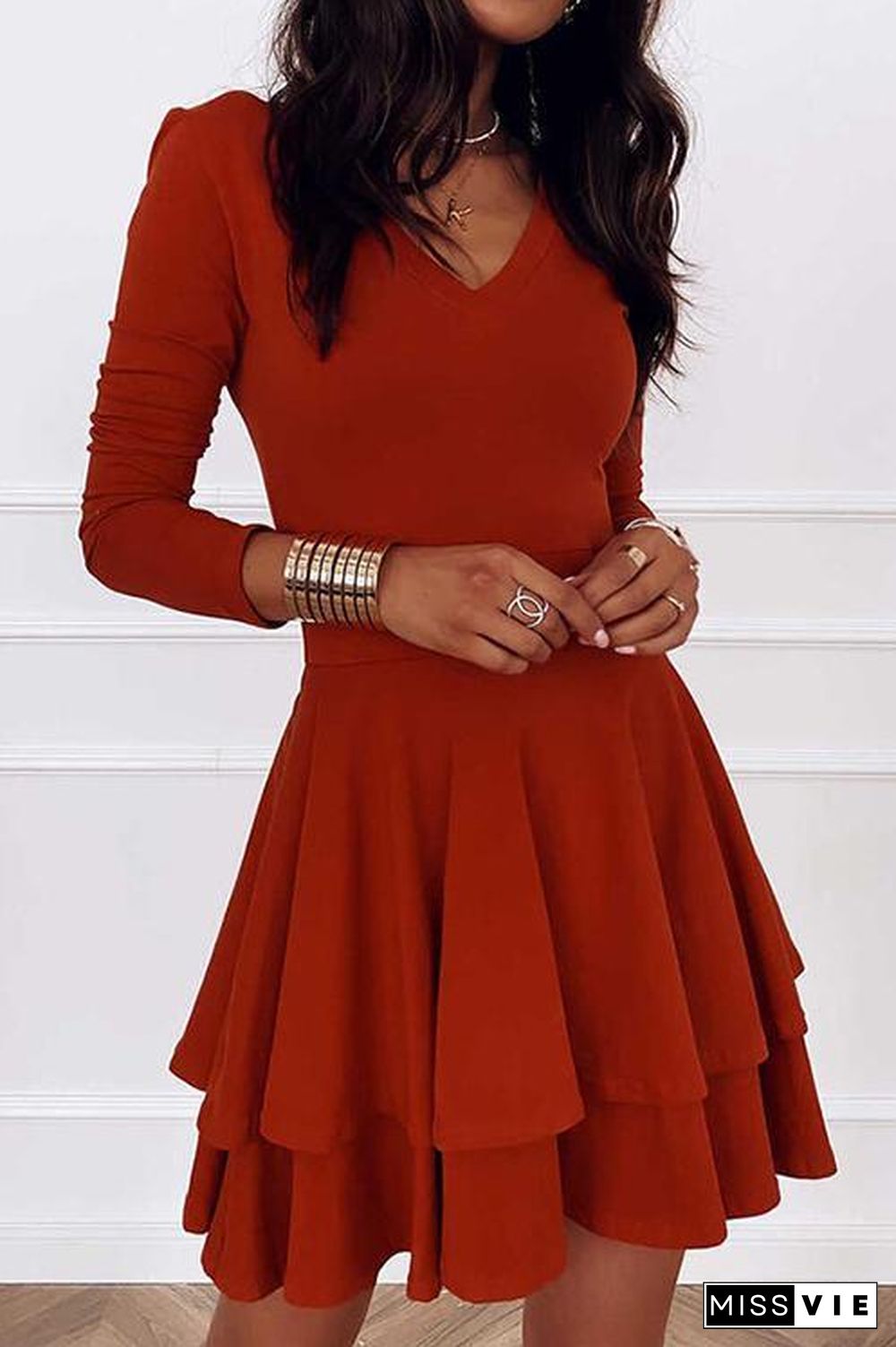 Layer V Neck Long Sleeve Dress