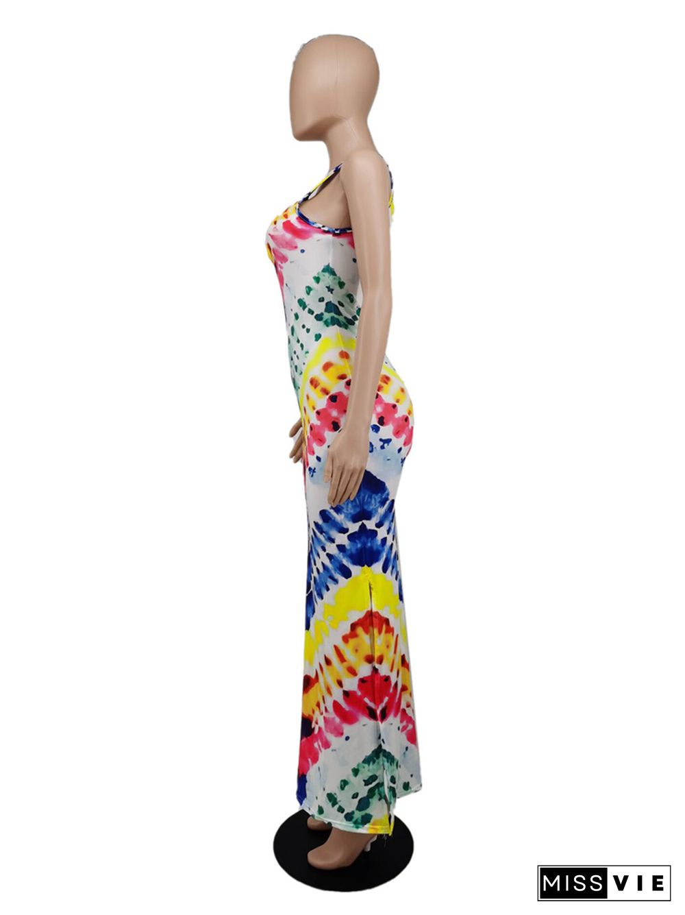 Sleeveless O Neck Tie Dye Side Slit Long Maxi Dress