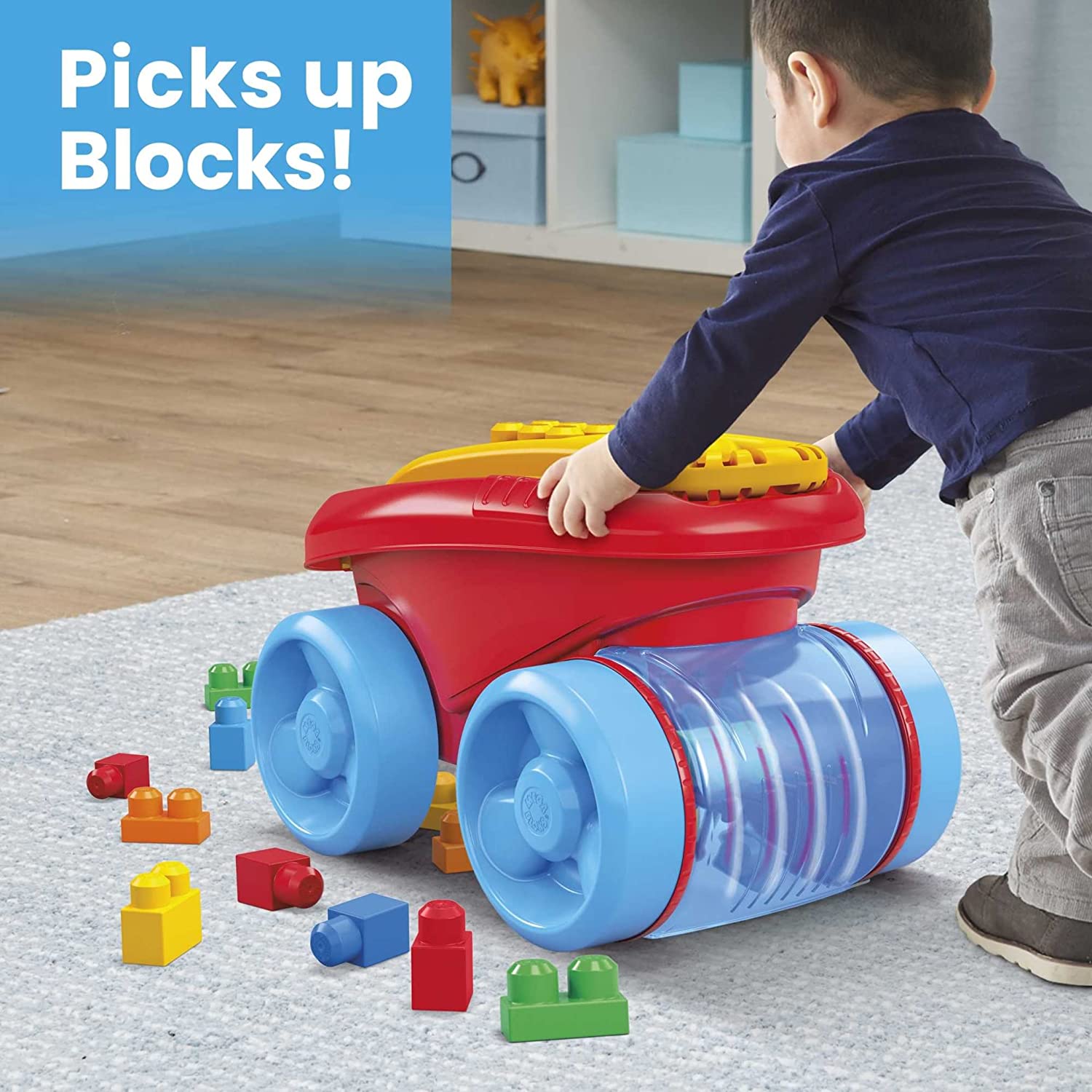 MEGA BLOKS Toy Building Set Toddler Blocks, Block Scooping Wagon Learning Toy with Storage - Blue