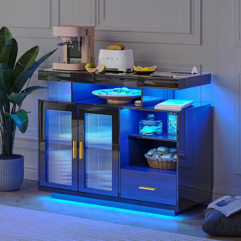 Modern LED Sideboard Buffet Cabinet with Charging Station  Cupboard with Body Sensor Light  Coffee Bar Cabinet with Panel