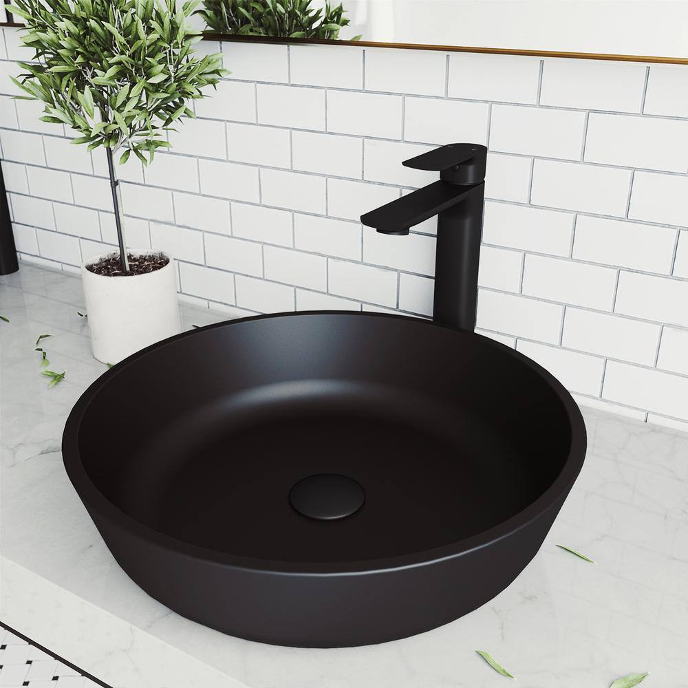 VIGO Modern Modus Black Matte Shell Glass 17 in. L x 17 in. W x 4 in. H Round Vessel Bathroom Sink VG07113