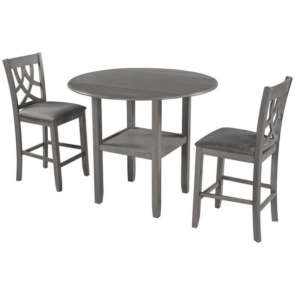 Farmhouse 3 piece round kitchen table set， counter height table set 2 with leaf table， a storage rack and 2 upholstered chairs