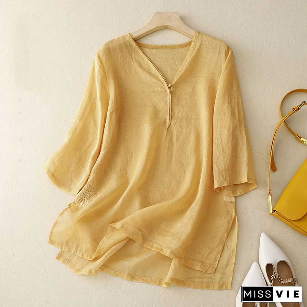 Retro Simple Solid Color V -neck Shirt