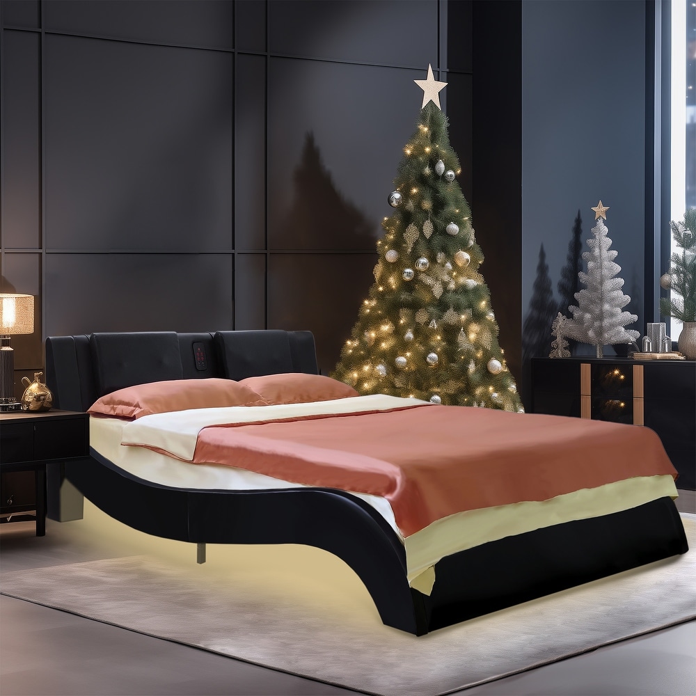 High Technology Platform Bed Multi Functional Bed Frame with LED  Backrest Vibration Massage  Bluetooth Connection   Black