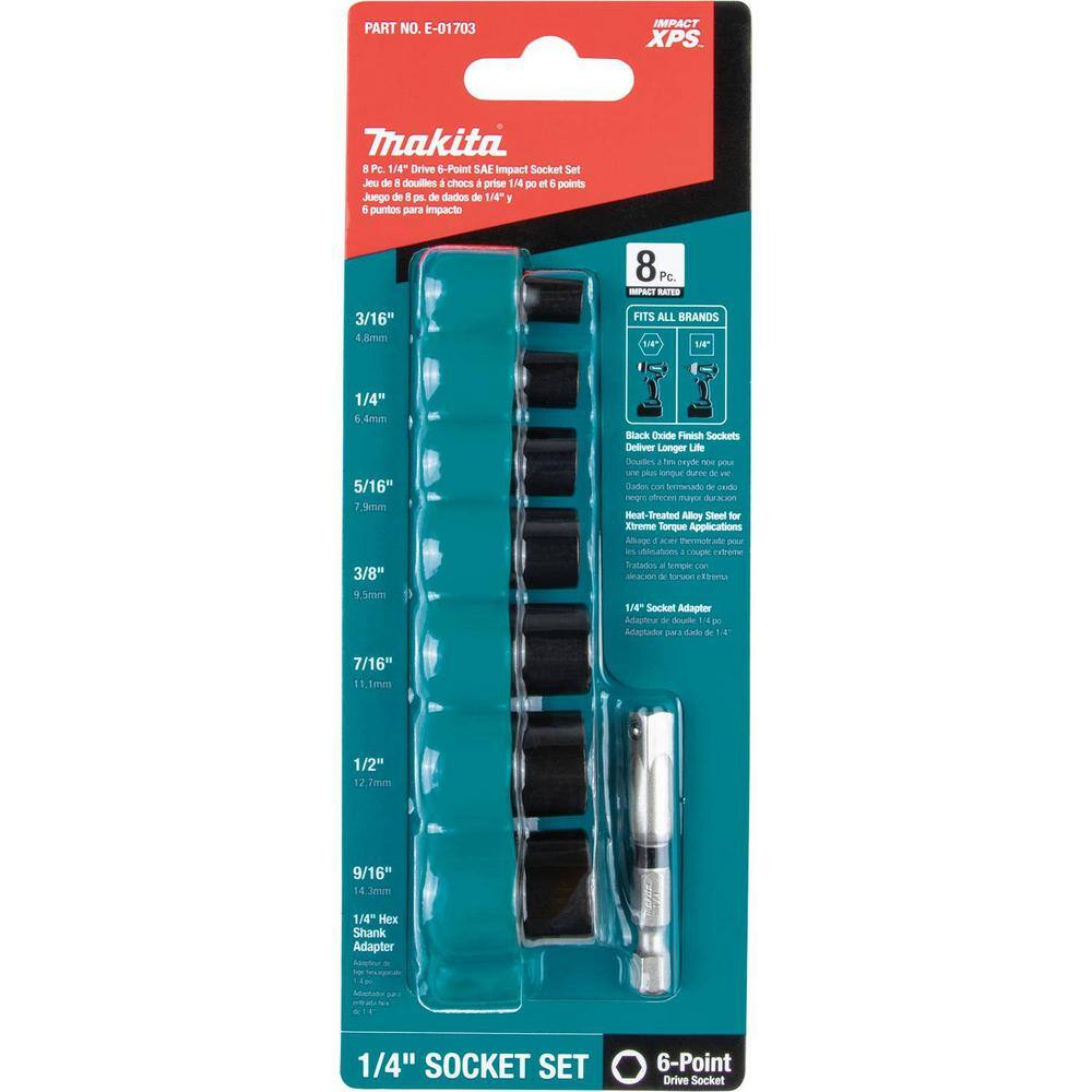 Makita ImpactXPS 14 in. Drive 6-Point SAE Impact Socket Set with Standard Socket Adapter (8-Piece) E-01703