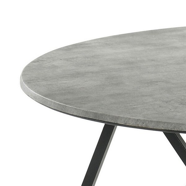 Dexi 36 Inch Coffee Table， Round Top， Geometric Metal Base， Cement Gray