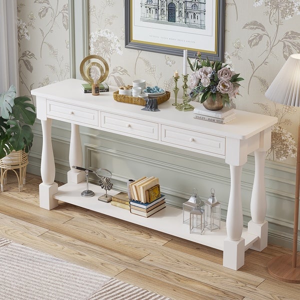 Wood Console Table with Storage Drawers and Bottom Shelf