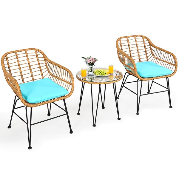 Costway 3PCS Patio Rattan Bistro Furniture Set Cushioned Chair Table