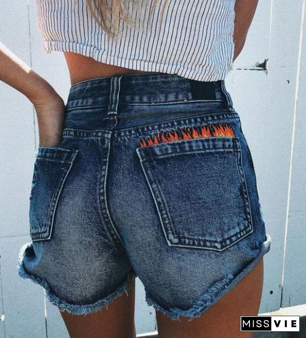 Casual Middle Waist Curled Side Denim Shorts