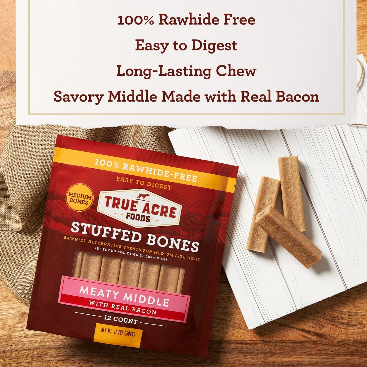 True Acre Foods Medium Stuffed Bone Treats Meaty Middle Made with real Bacon