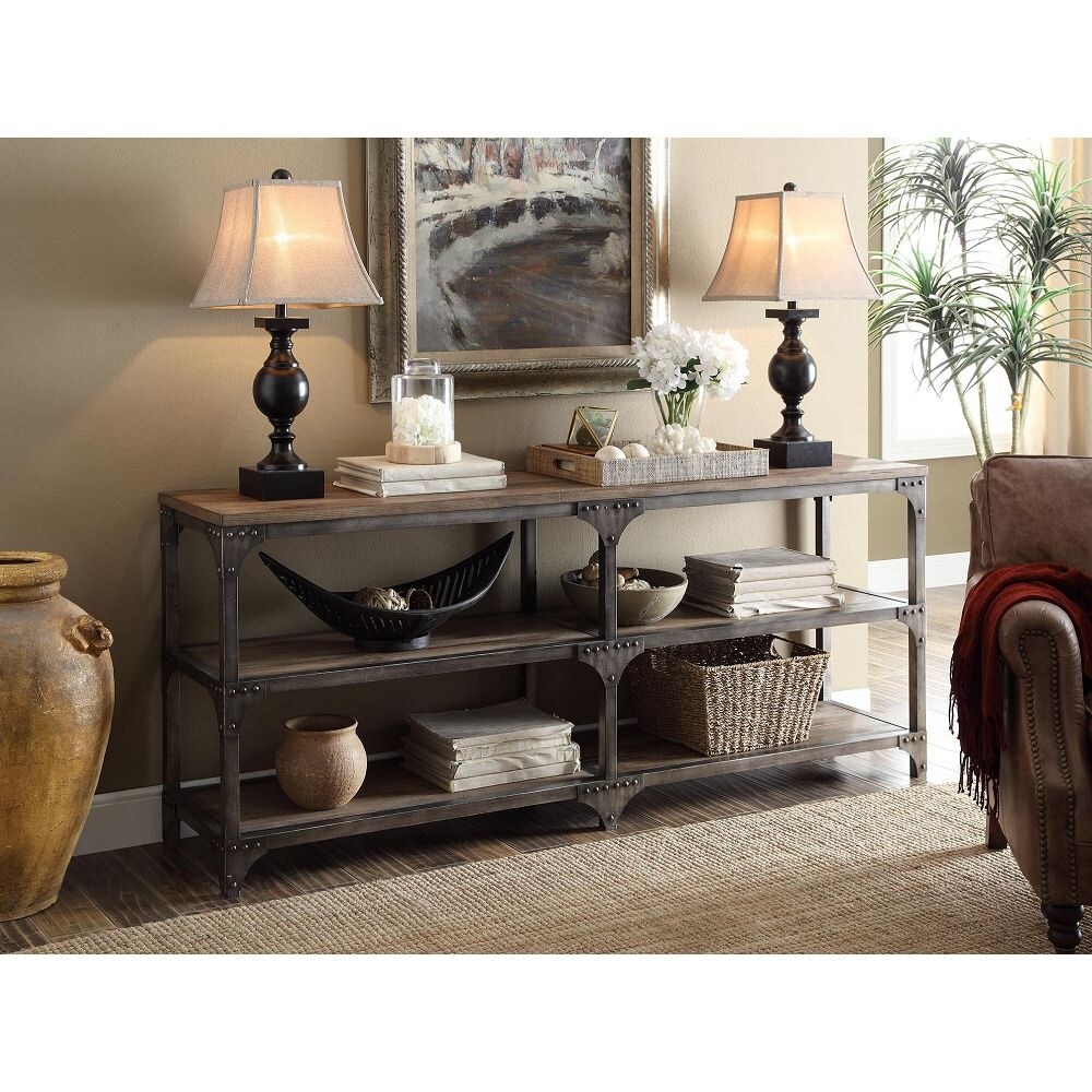 Aoolive Wooden Console Table in Weathered Oak   Antique Silver