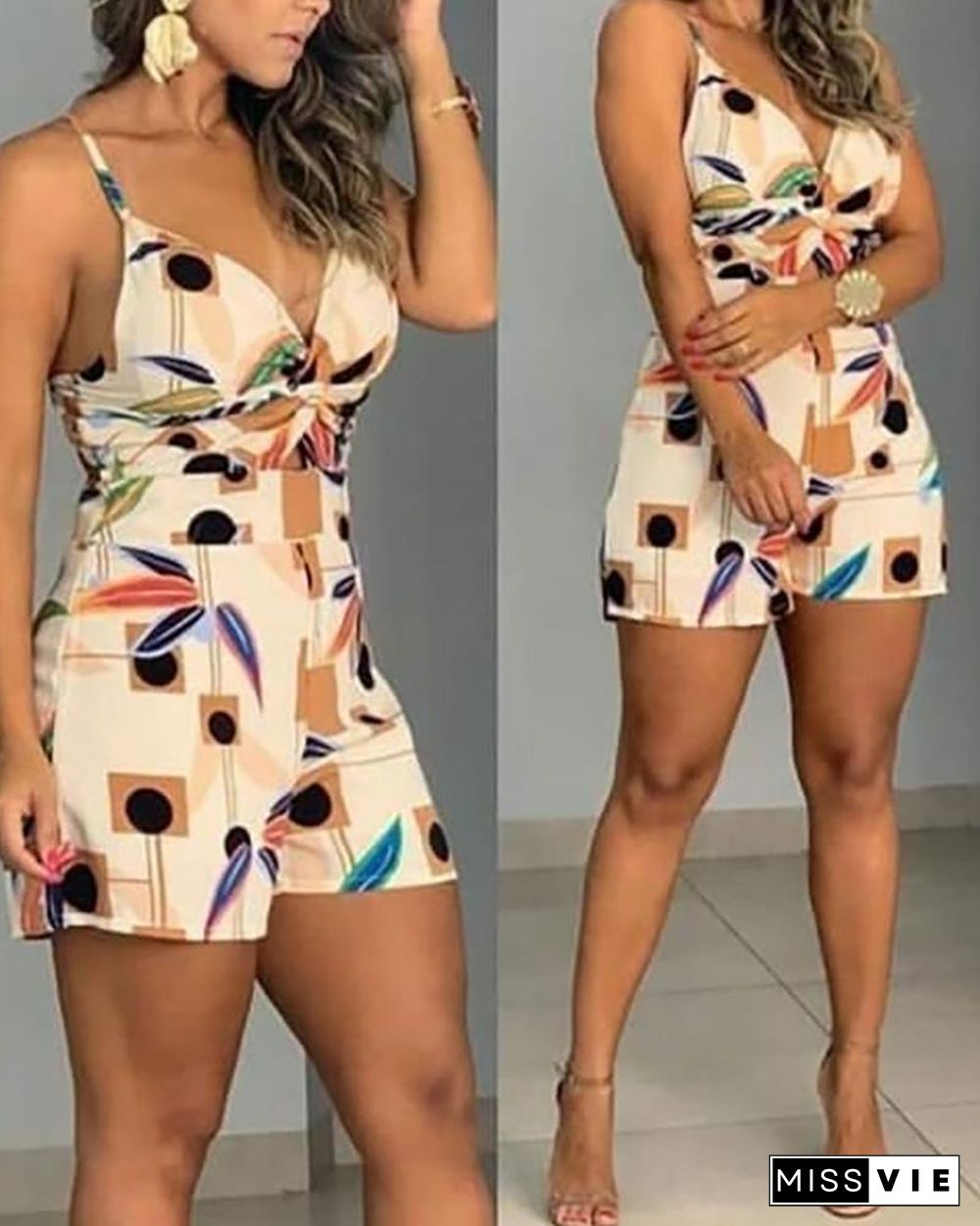 Print Spaghetti Strap Twisted Front Romper