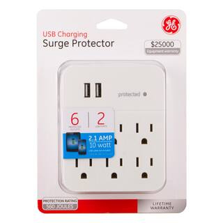 GE 6-Outlet 2 USB Charging Surge Protector Tap White 36735