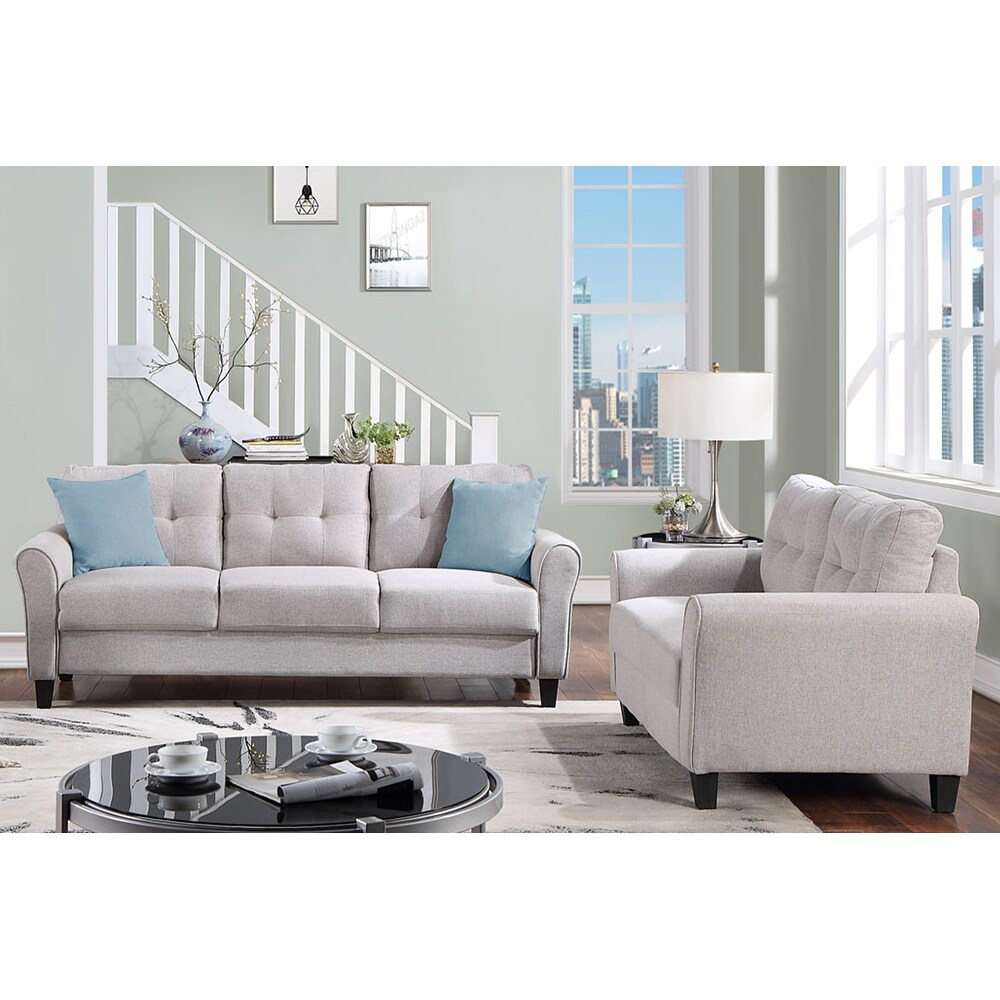 2 Piece Linen Upholstered Sofa Couch Set  Living Room Furniture Button Tufted Loveseat and Sofa Set for Dorm  Office or Studio