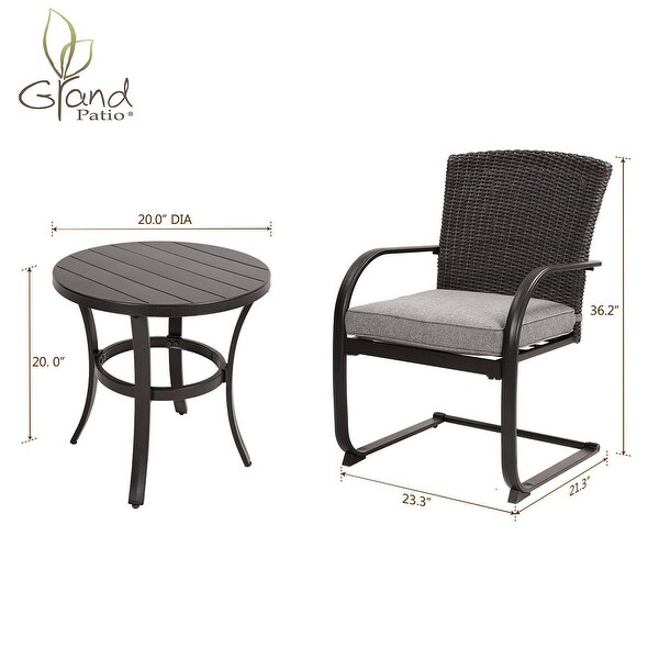 Grand patio 3 Piece Outdoor Bistro Set with Cushioned Wicker Spring Chairs and Metal Side Table