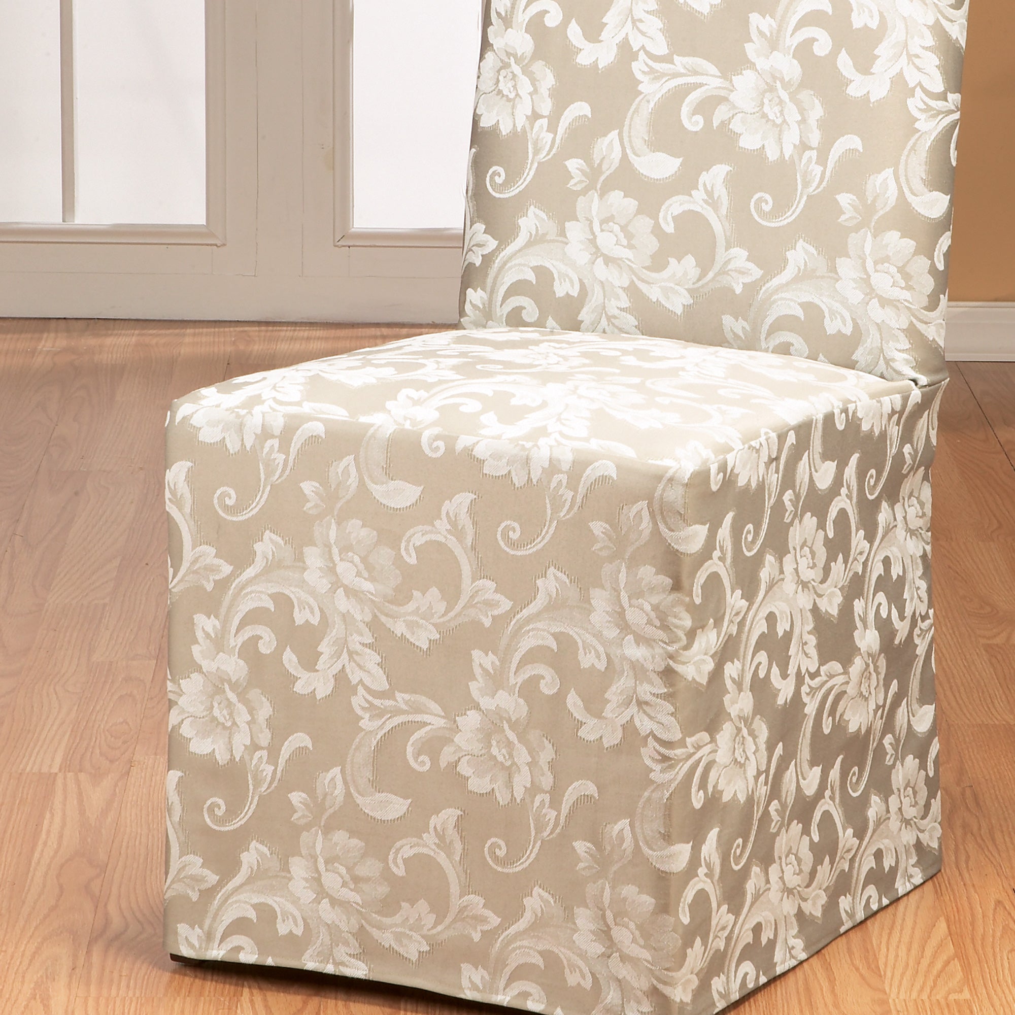 Sure Fit Scroll Full Length Skirt with Ties Dining Chair Slipcover, Champagne