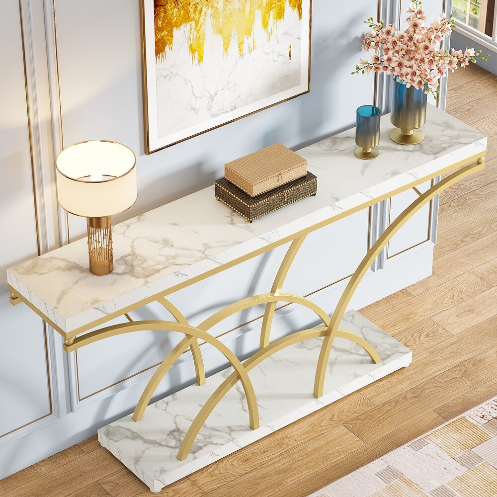 70.9'' Faux Marble Console Sofa Table with Half Moon Shaped Metal Legs for Entryway  Accent Tables for Living Room