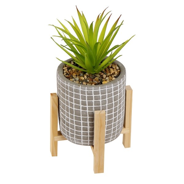 10Inch Tall Artificial Succulent Fake Plant in Gray Cement Pot with Wooden Stand，Faux Plants