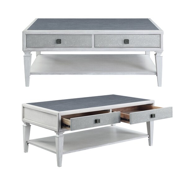 2 Drawers and 1 Open Shelf Coffee Table in Rustic Gray and Weathered White