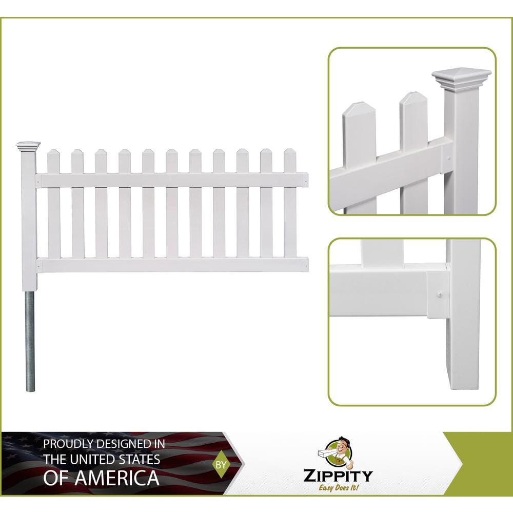 Zippity Outdoor Products 3 ft. x 6 ft. Newport Picket Fence WPost and No-Dig Steel Pipe Anchor Kit ZP19002