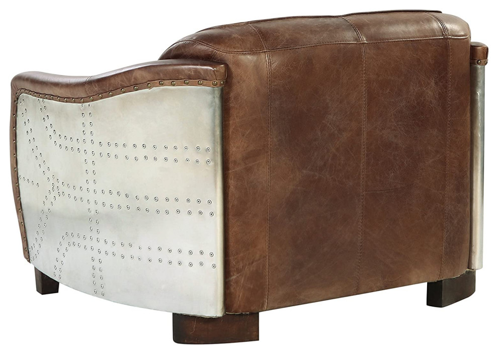 Retro Loveseat  Tufted Grain Leather Seat With Aluminum Exterior Accent  Brown   Industrial   Loveseats   by Decor Love  Houzz