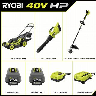 RYOBI 40V HP Brushless 20 in. Cordless Battery Walk Behind Push Mower String Trimmer  Blower - Batteries and Chargers RY401170-3X