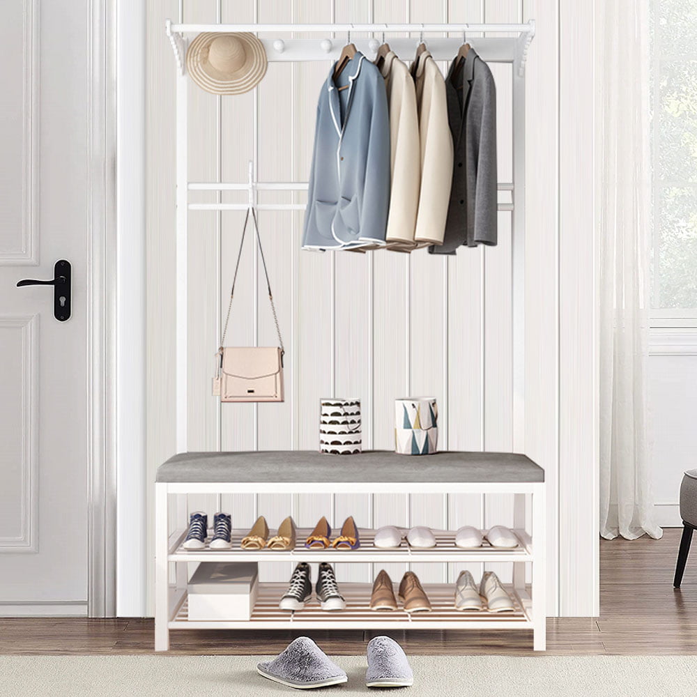 Entryway Bench with Coat Rack Shoe Bench Hall Tree with bench Hallway Organizer with Storage and 10 Hooks，White