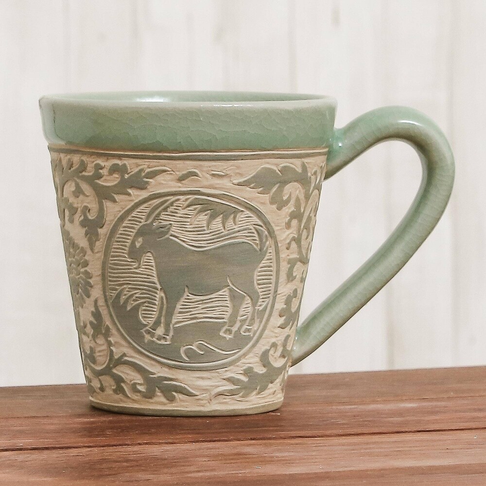 Handmade Thai Zodiac Goat Celadon ceramic mug (Thailand)