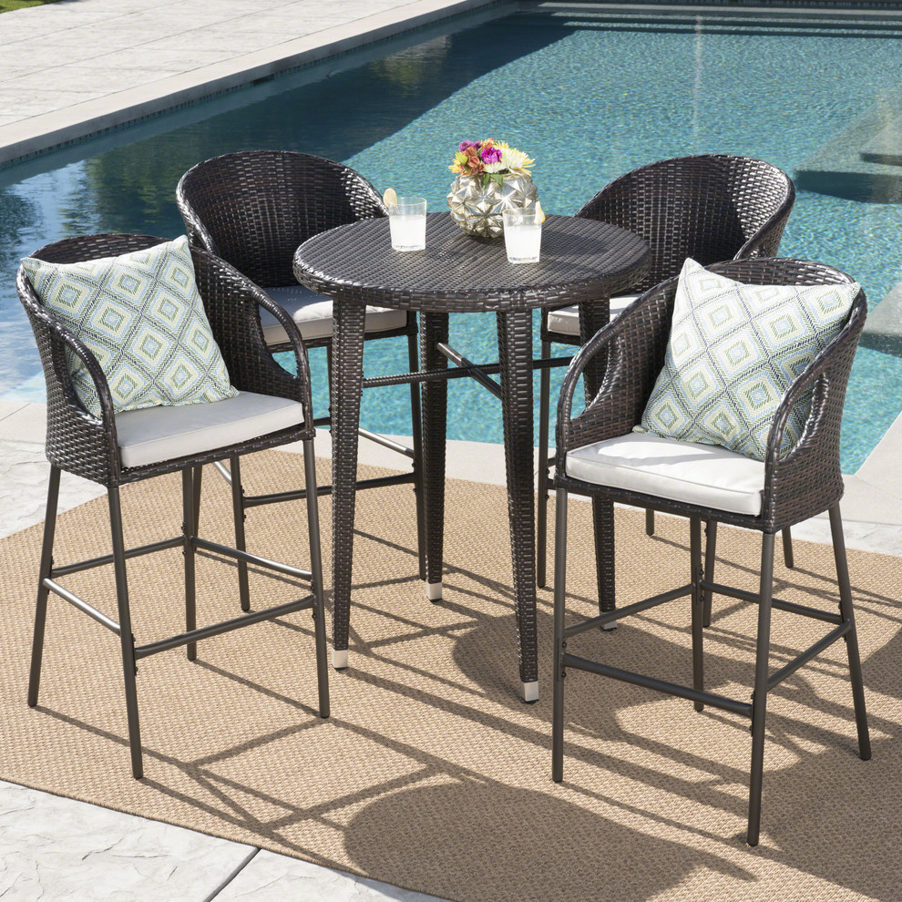 GDF Studio 5 Piece Big Rock Outdoor 41 quotWicker Bar Set With Cushions   Tropical   Outdoor Pub And Bistro Sets   by GDFStudio  Houzz