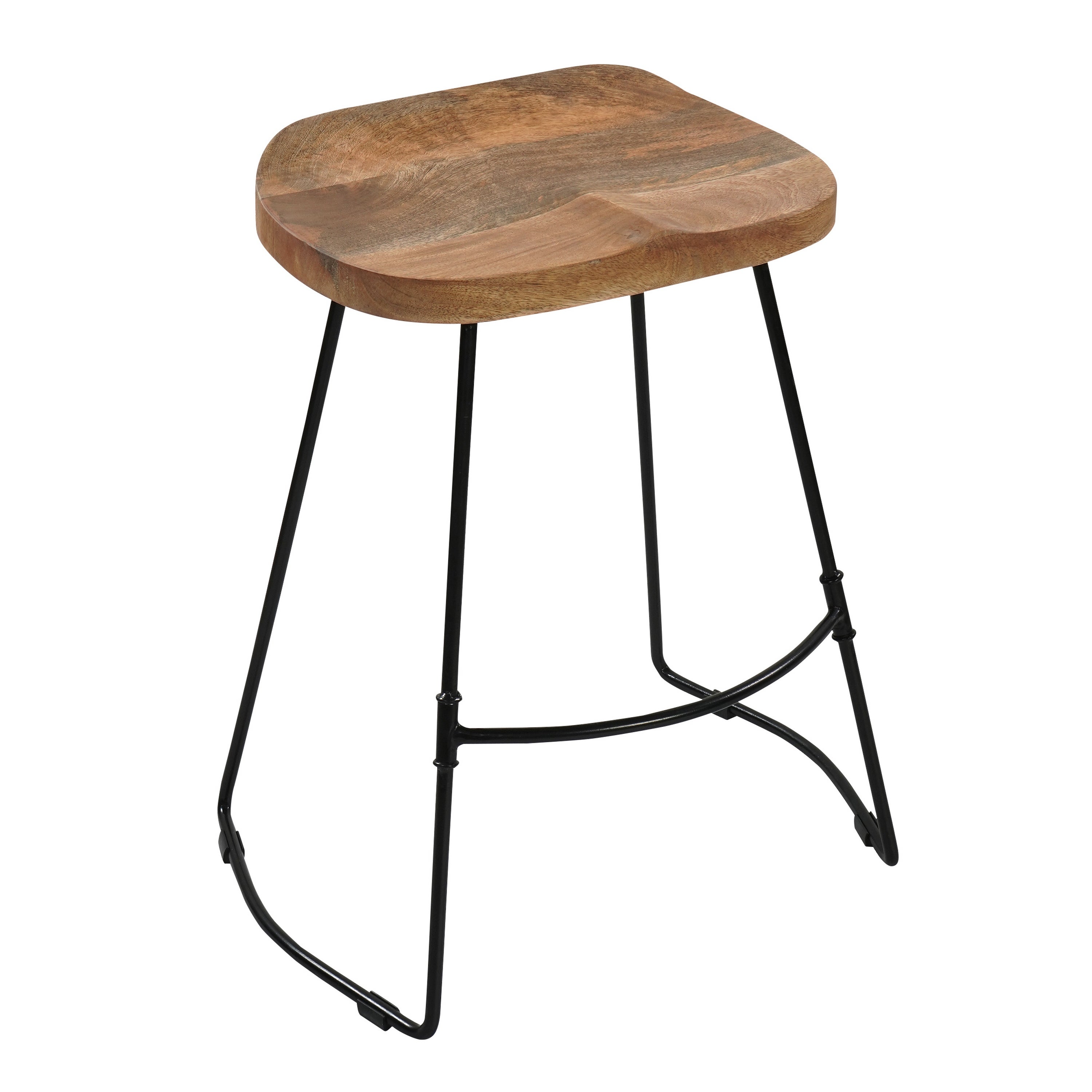 Tiva 24 Inch Handcrafted Backless Counter Height Stool， Brown Mango Wood Saddle Seat， Black Metal Base