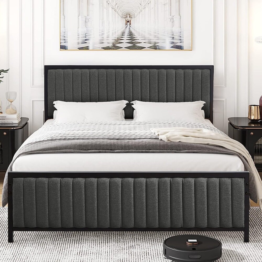 VECELO Modern Faux Leather Upholstered Bed  Beige/Grey