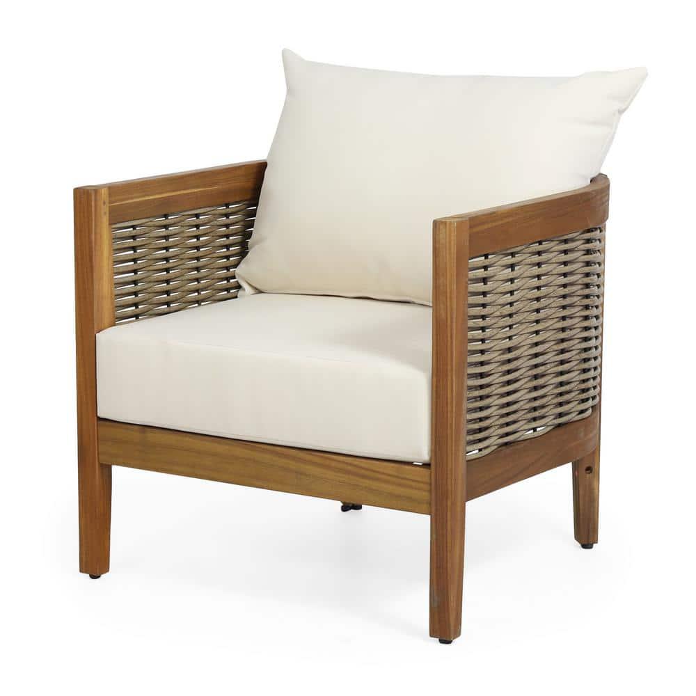 Noble House Burchett Teak Brown Removable Cushions Wood Outdoor Lounge Chair with White Cushion