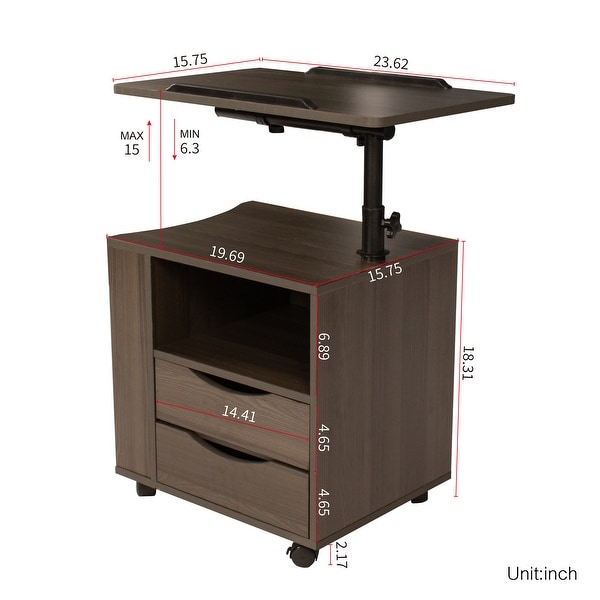 Height Adjustable End Table with Swivel Top， 2 Drawers and Open Storage Shelf