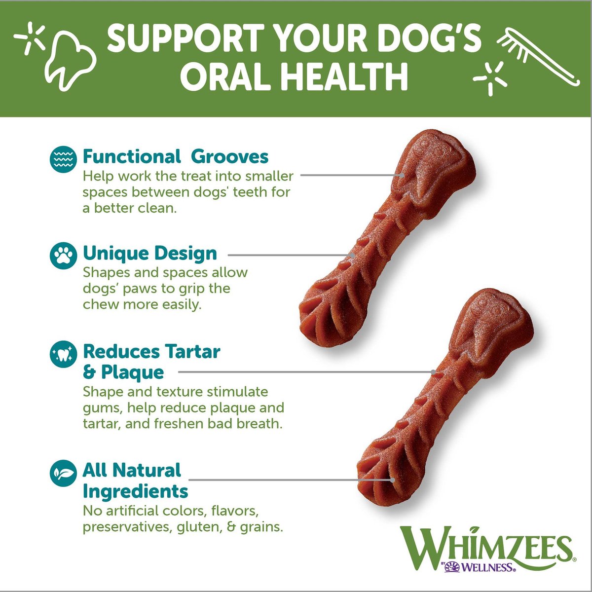 WHIMZEES Brushzees Daily Grain-Free Small Dental Dog Treats， 14 count