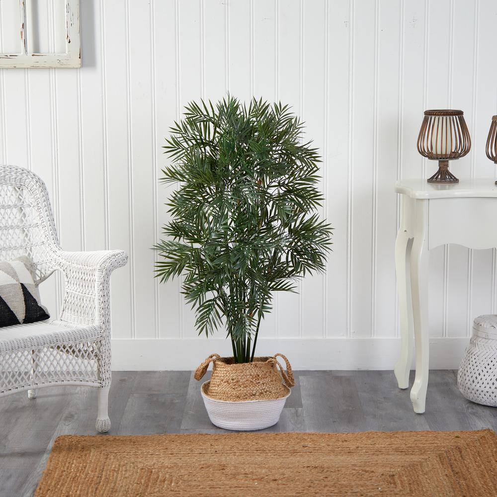 Nearly Natural 4 ft. Green Parlor Palm Artificial Tree in Boho Chic Handmade Cotton and Jute White Woven Planter T2942