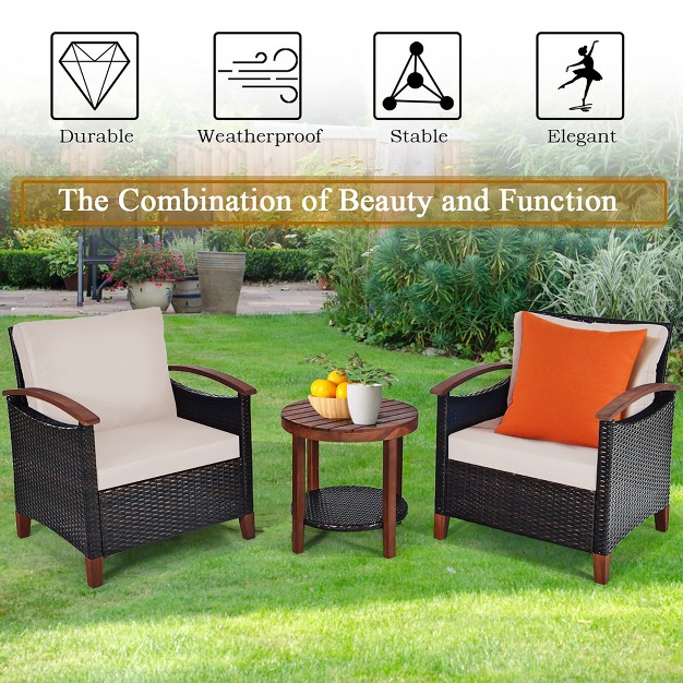 Costway 3pcs Patio Wicker Sofa Set Acacia Wood Frame With Beige amp turquoise Cushion Covers