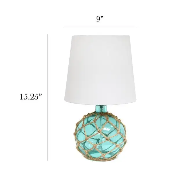 Elegant Designs Buoy Rope Nautical Netted Coastal Ocean Sea Glass Table Lamp with White Fabric Shade， Aqua - 9(L)9(W)14.75(H)