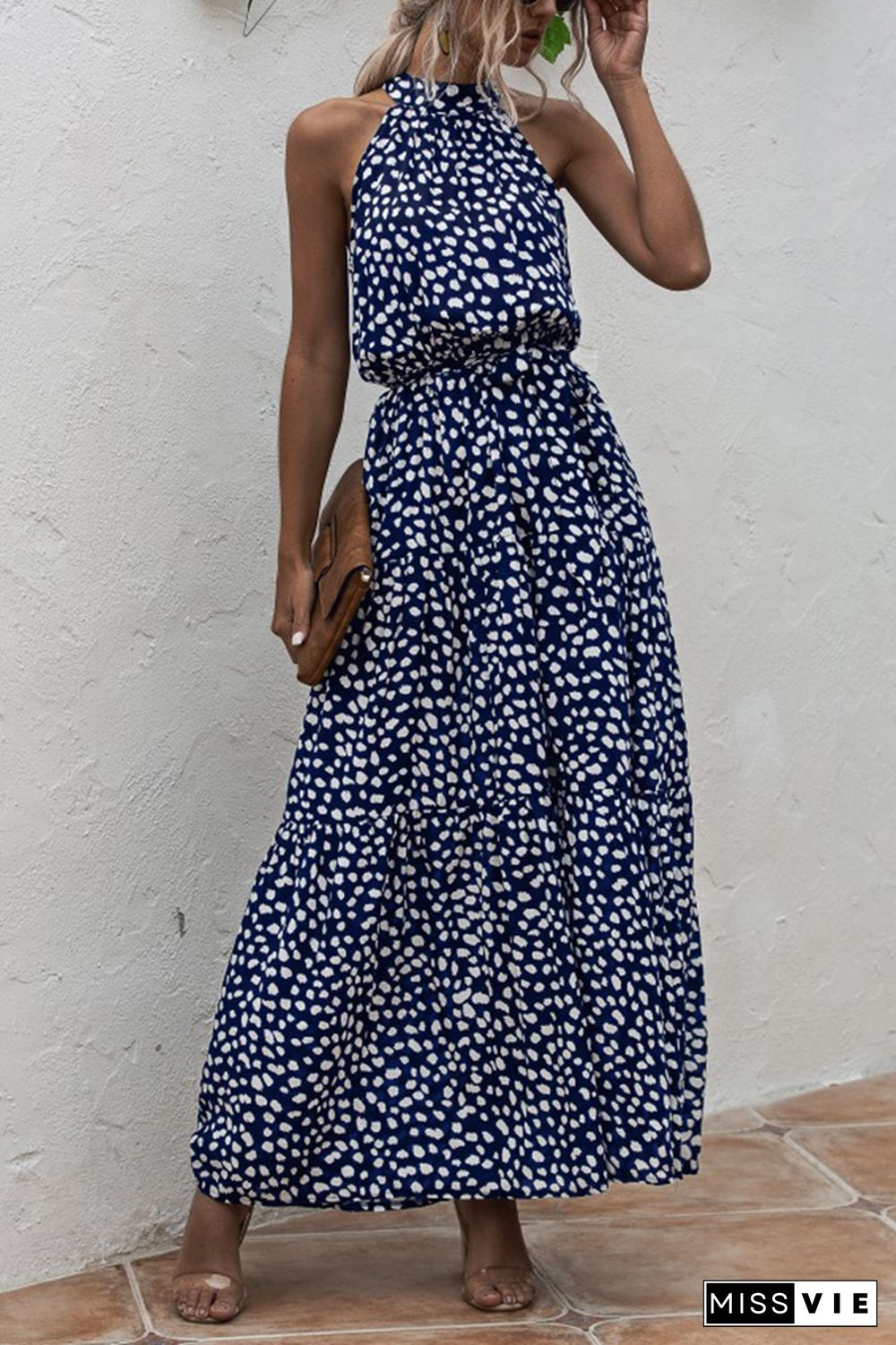 Halter Polka Dot Print Tie Waist Maxi Dress Wholesale