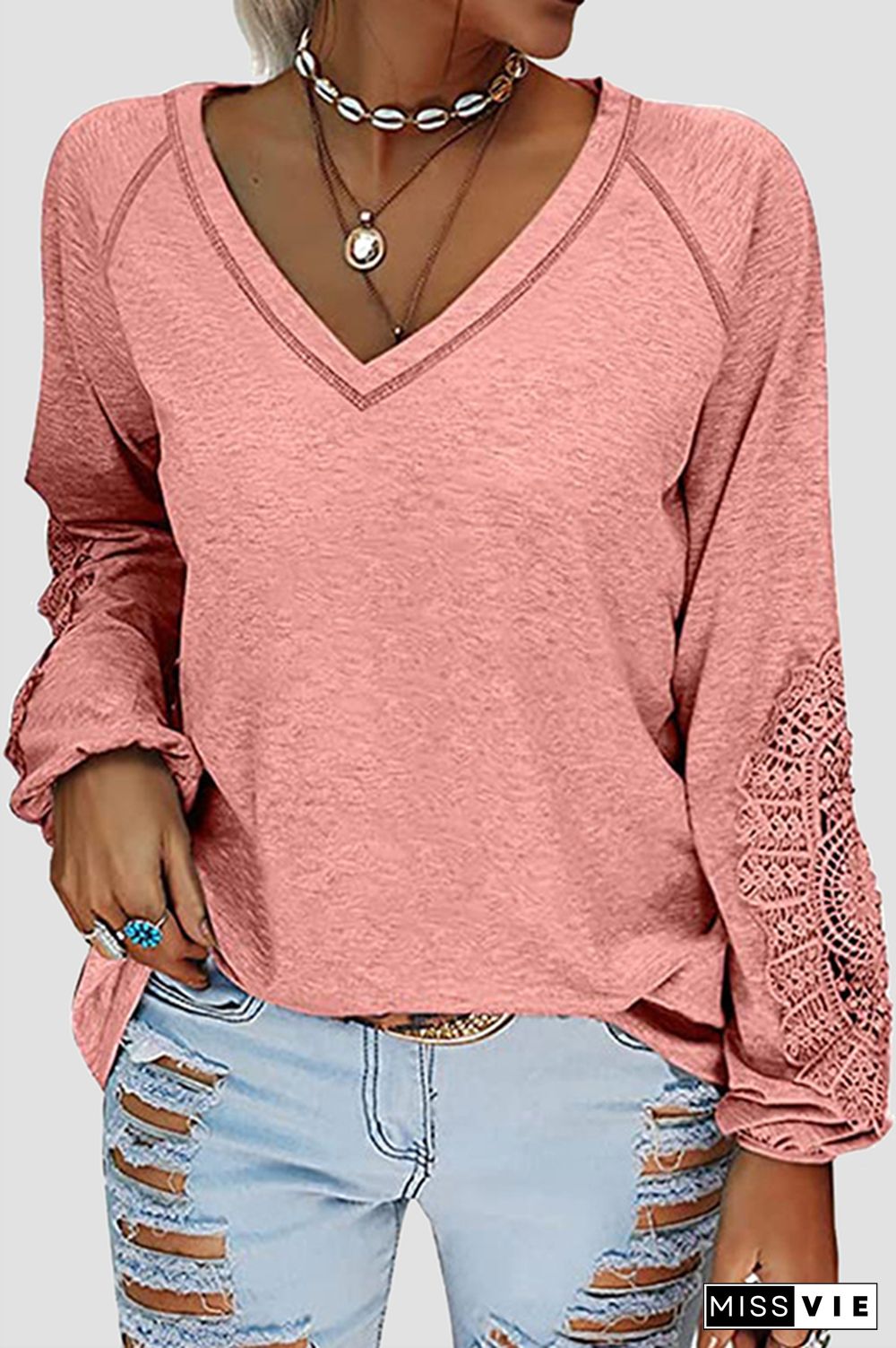 Casual Solid Lace Split Joint V Neck T-Shirts