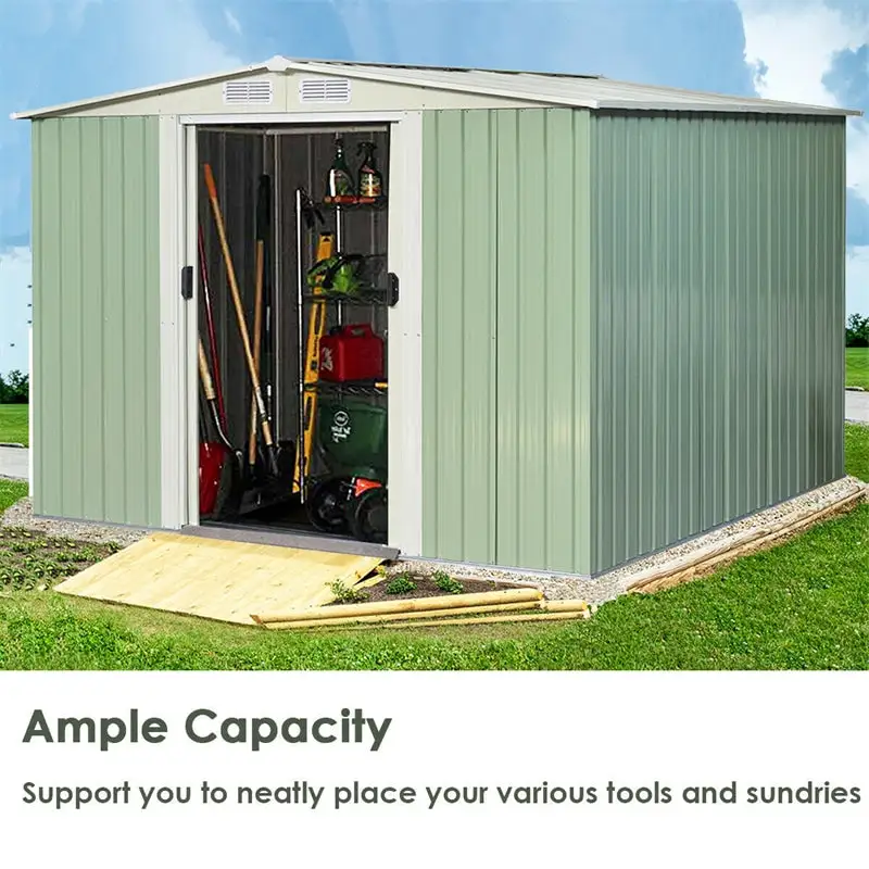 8ft x 8ft Galvanized Steel Outdoor Storage Shed Heavy Duty Garden Tool House with Sliding Door