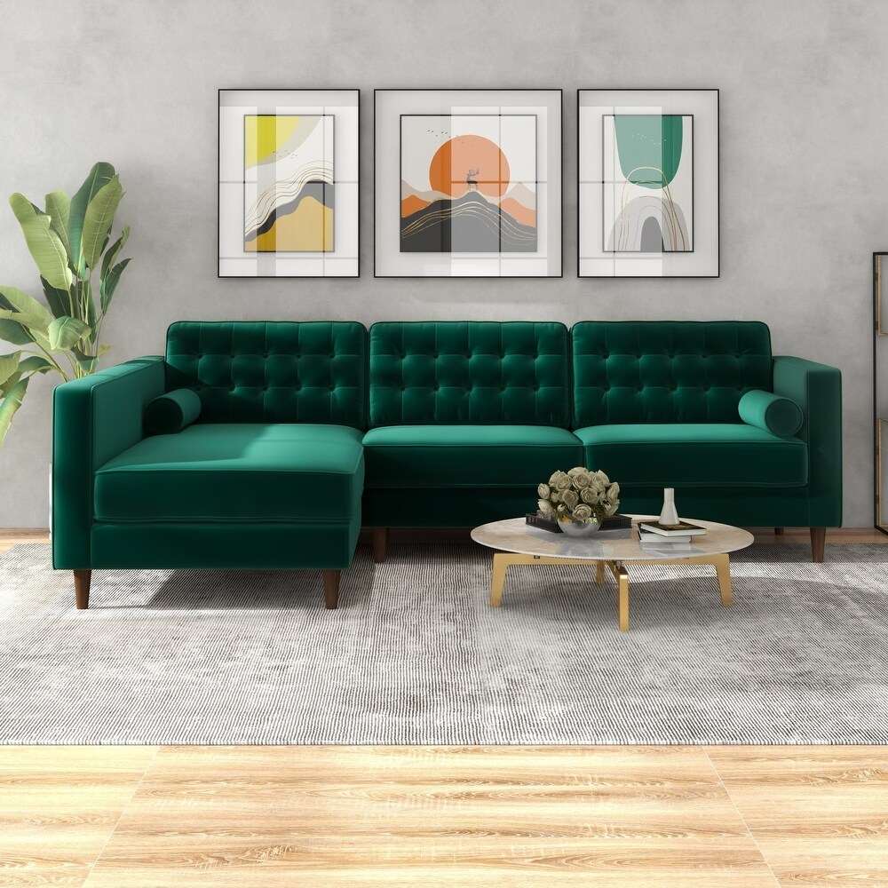 Ora Tufted Modern Living Room Velvet Corner Sectional Sofa in Green