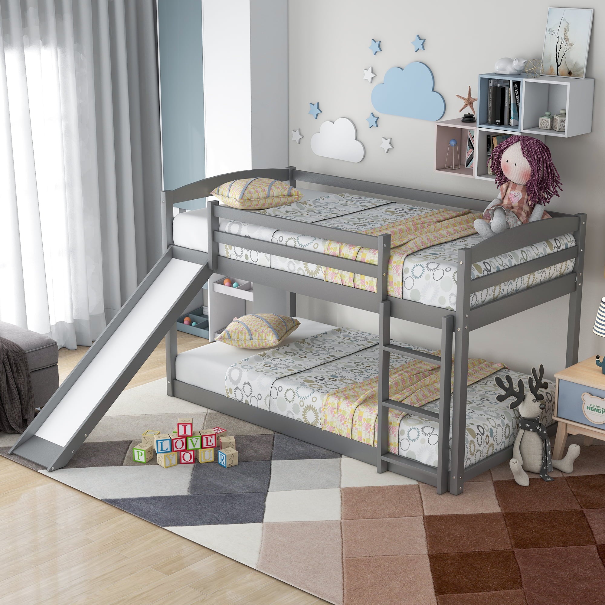 Floor Bunk Bed with Convertible Slide and Ladder, SESSLIFE Wood Bunk Beds with Guardrail for Boys Girls Toddlers, Gray Twin Over Twin Bunk Bed, Kids Floor Bunk Bed for Home Children’s Room, TE838