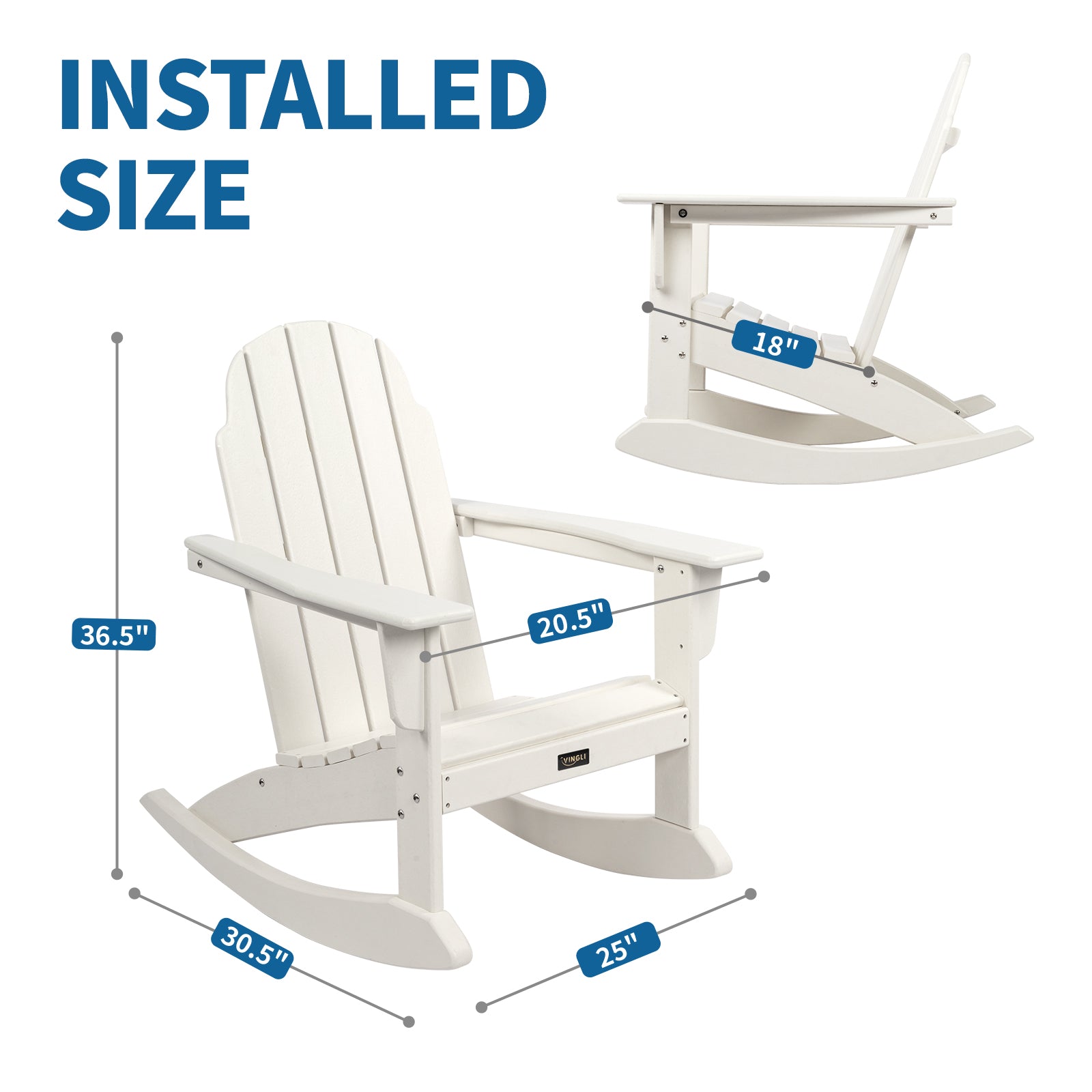 VINGLI Outdoor Rocking Chair, Plastic Adirondack Chair HDPE, 100% Recyclable Waterproof, for Pool Patio Lawn, White