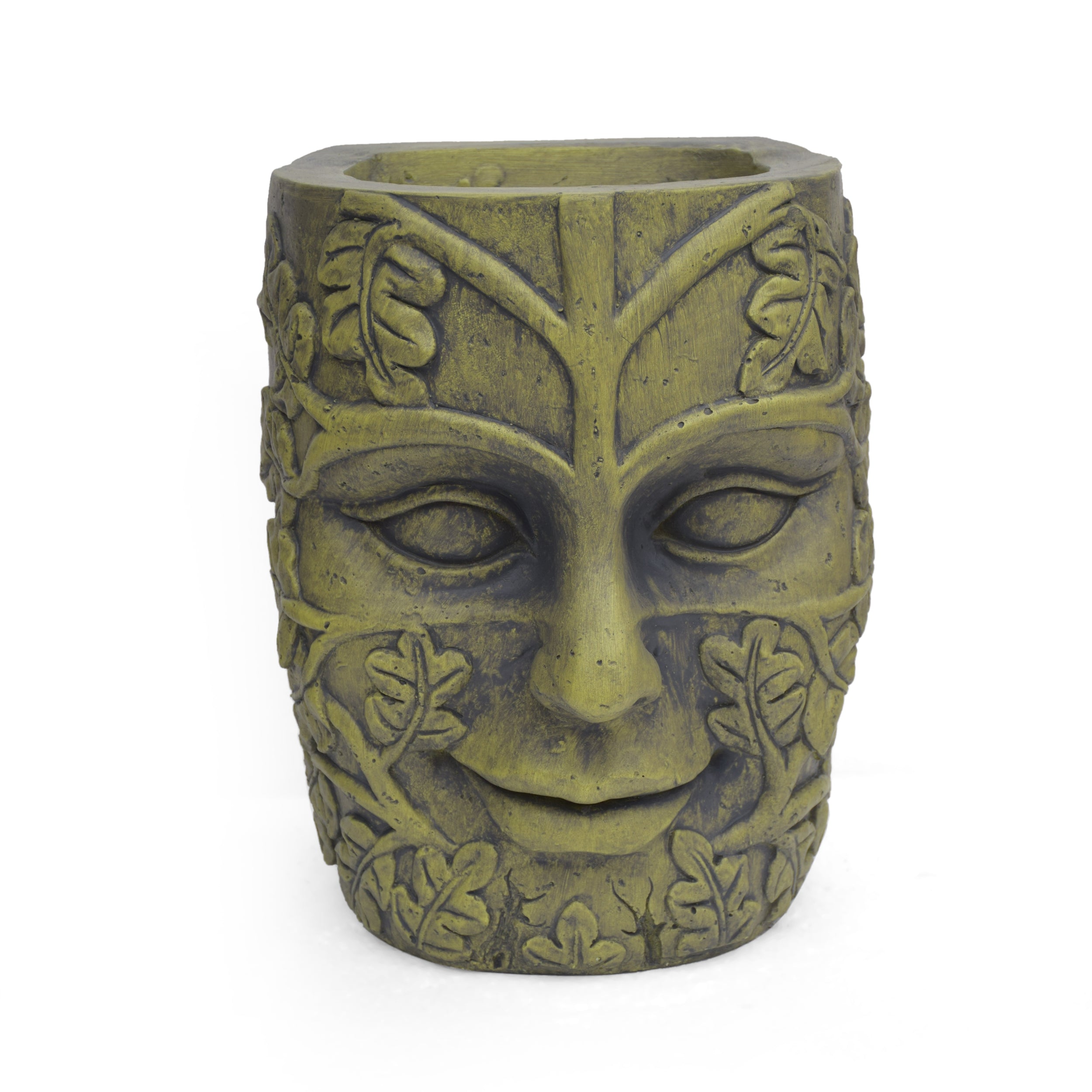 Elliott Outdoor Green Man Tiki Urn, Antique Green Finish